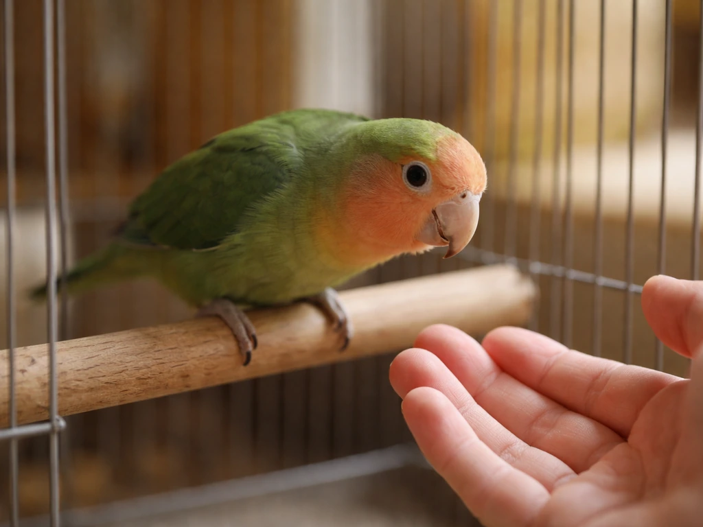 A calm parrot leans toward a relaxed hand outside the cage, signaling trust-building and comfort.