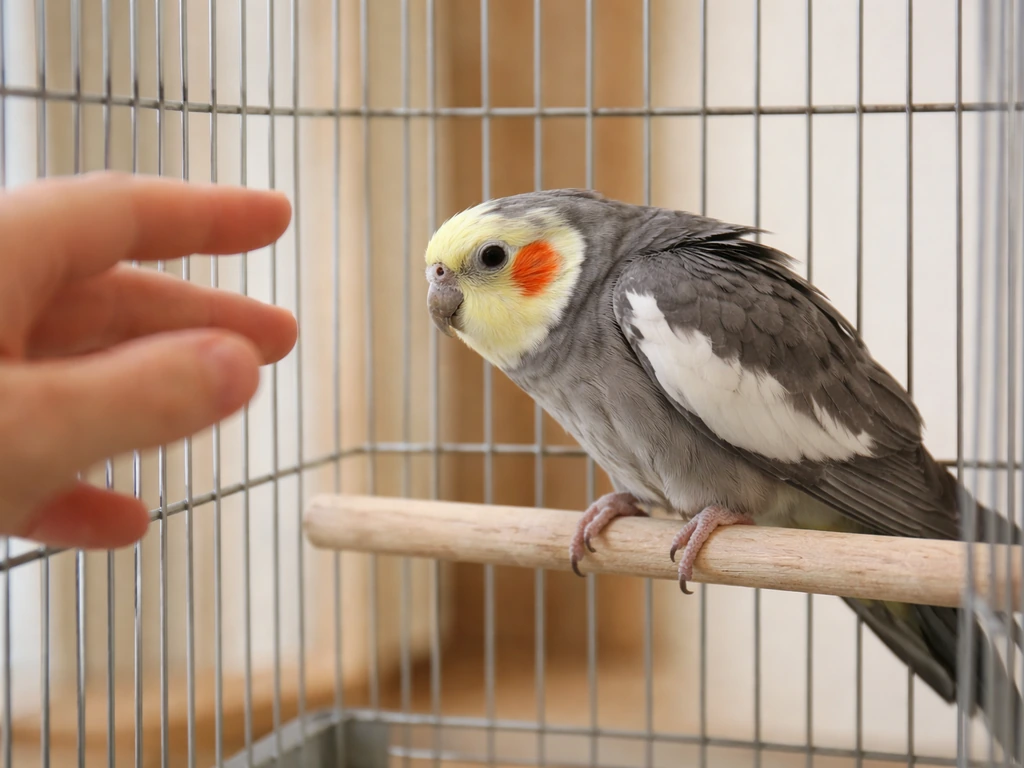 Small pet bird leans away from a nearby hand near its cage, showing fear and avoidance.