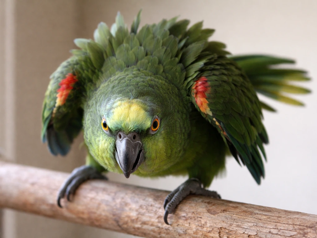 A parrot on a perch with head lowered, neck feathers ruffled, and fanned tail showing agitation.