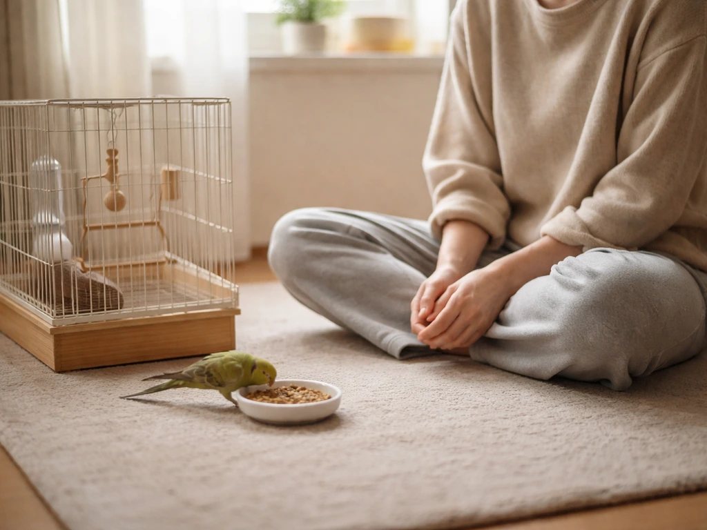 Anonymous person sits near a birdcage with hands in lap as the bird eats nearby.
