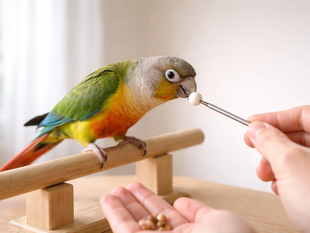 A parrot touches a small training target stick while treats are ready in a nearby hand.