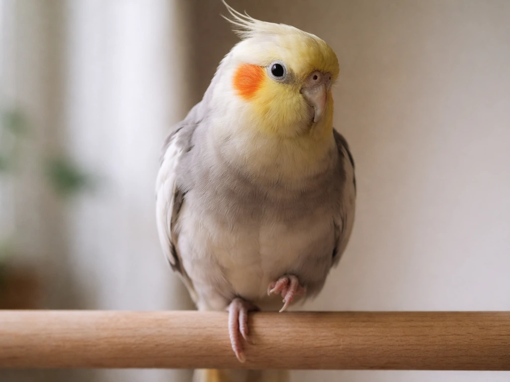 Close-up of a pet bird perched and lifting one leg, showing clear stance on a wooden perch.