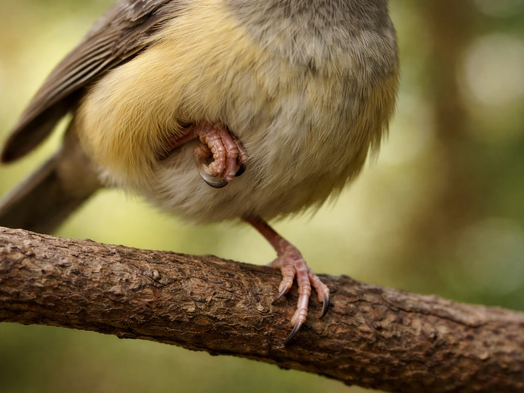 Close-up of a bird resting on a perch, one foot tucked up while the other grips firmly.
