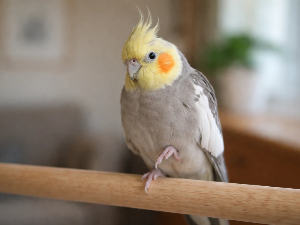Tiel-like bird perched with one leg lifted away, suggesting it’s avoiding weight after minor injury.