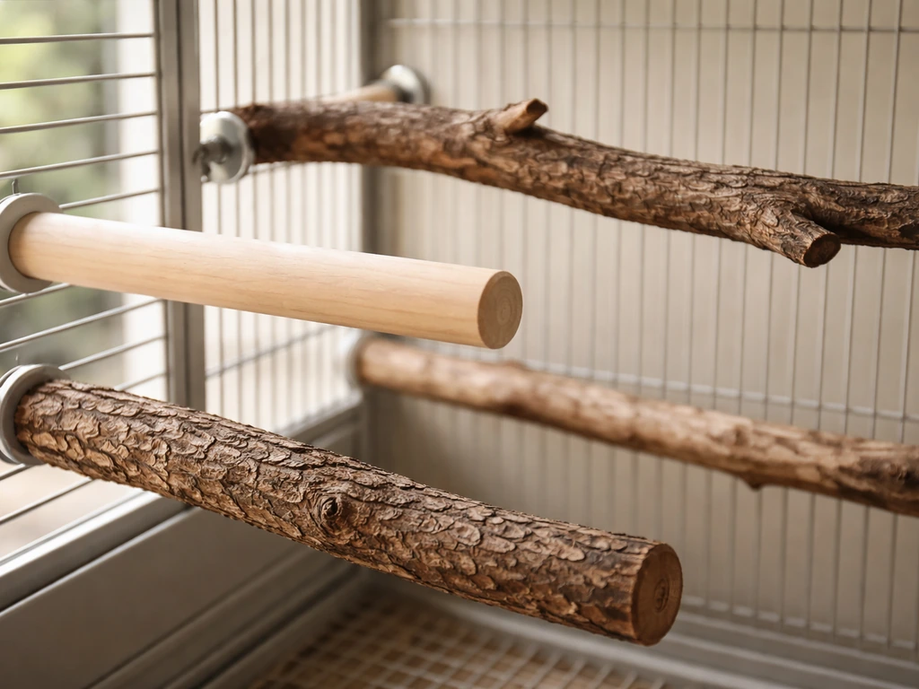Close view of varied wooden perches with different textures and diameters mounted inside a bird cage.