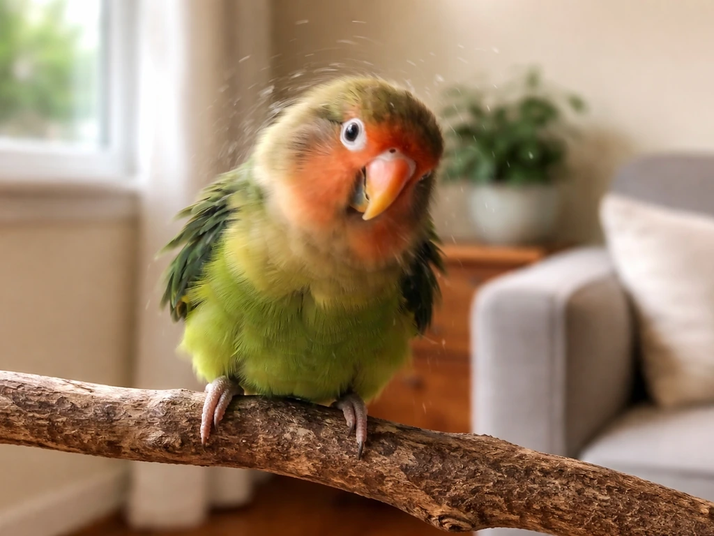 A small parrot perched on a wooden branch shaking its head in a calm home setting.