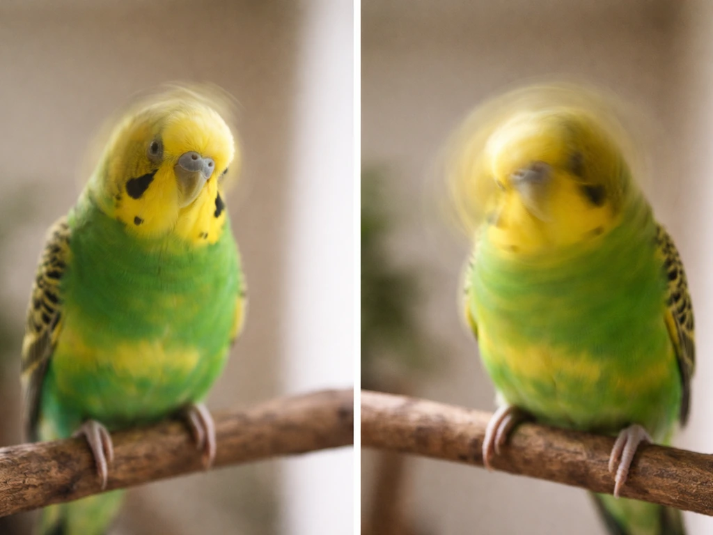 Two small pet birds near a perch, one mid-quick head shake and the other still, simple indoor background.