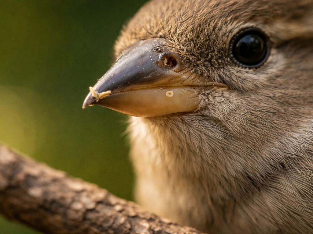 Close-up of a small bird’s beak and nostril with a tiny seed husk fragment caught near it.