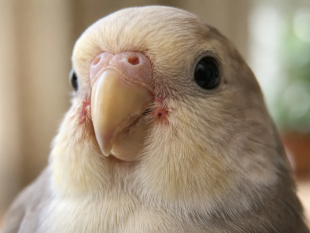 Close-up of a bird’s beak and mouth corners with visible minor irritation, calm natural lighting.