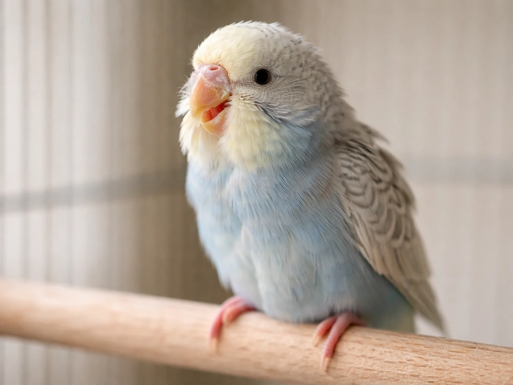 Small bird perched with beak slightly open and subtle nostril irritation cues, suggesting respiratory discomfort.