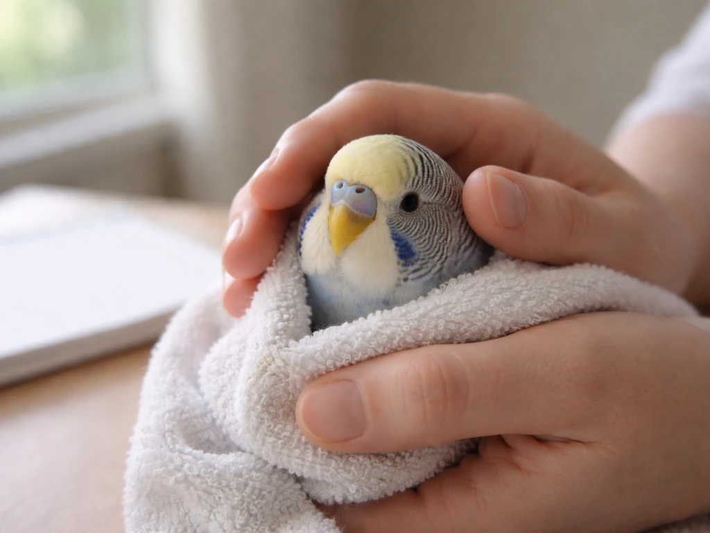 Caregiver gently holds a small pet bird while checking its cere/nostrils and jotting observations.