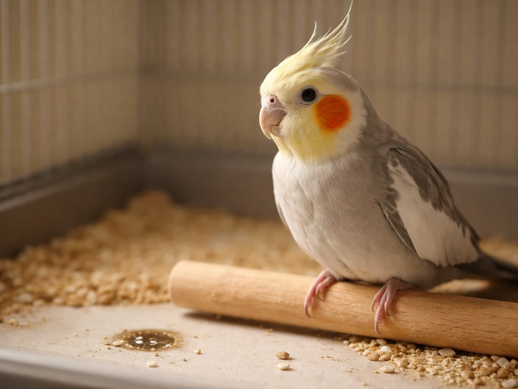 Pet bird perched near cage bottom with a small non-graphic droppings area indicating diarrhea.