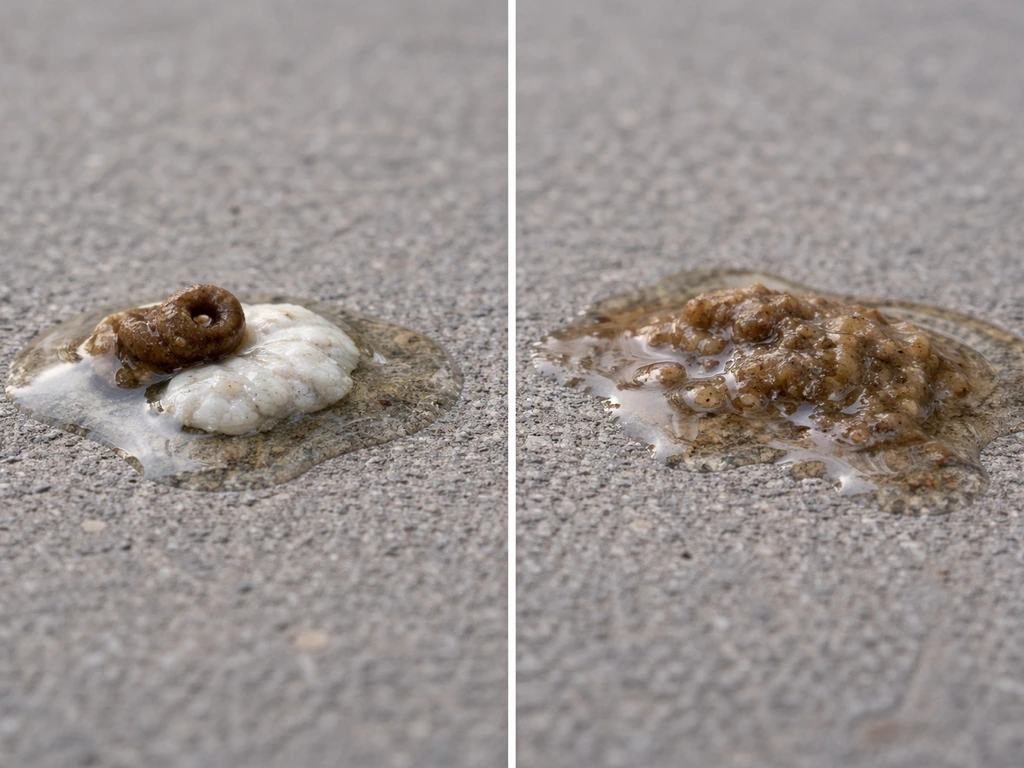 Close-up comparison of bird droppings: normal three-part look beside looser unformed diarrhea-like droppings.