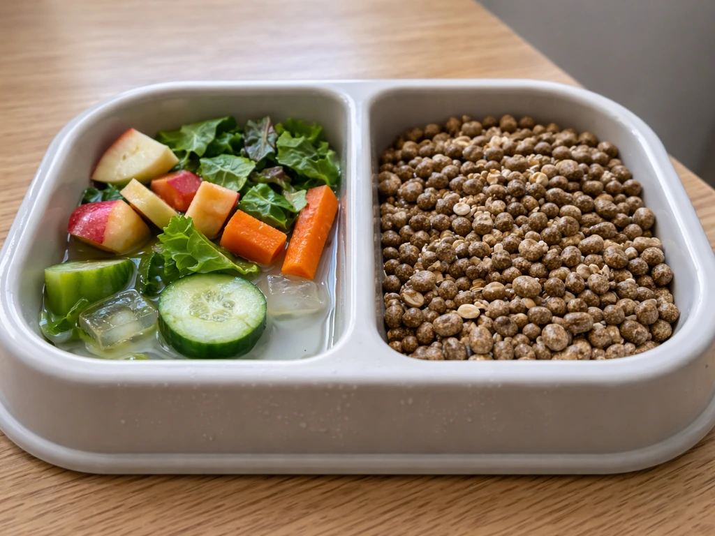 Colorful tray showing fresh fruits, vegetables, watery foods, and plain pellets for diet issue illustration.