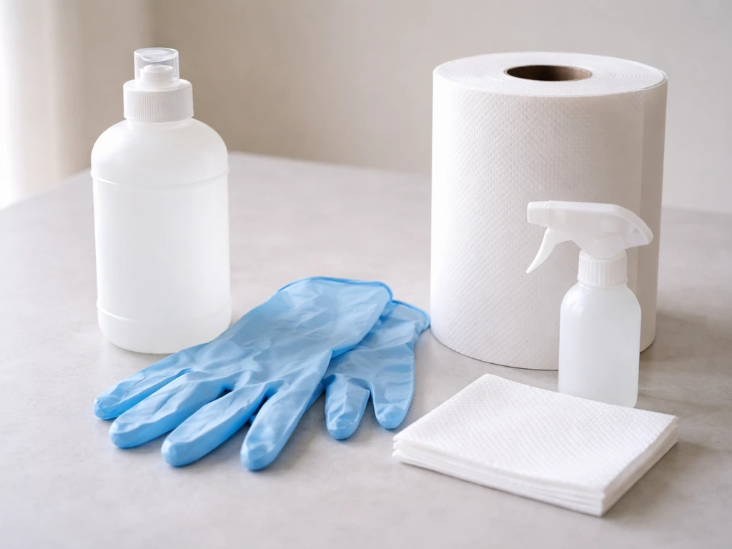 Hygiene kit with bird-safe disinfectant, gloves, and fresh cage liner roll arranged on a clean surface