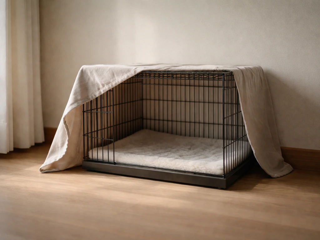 Quiet pet cage setup with dimmed light and partial cover for a calm, low-stress environment.
