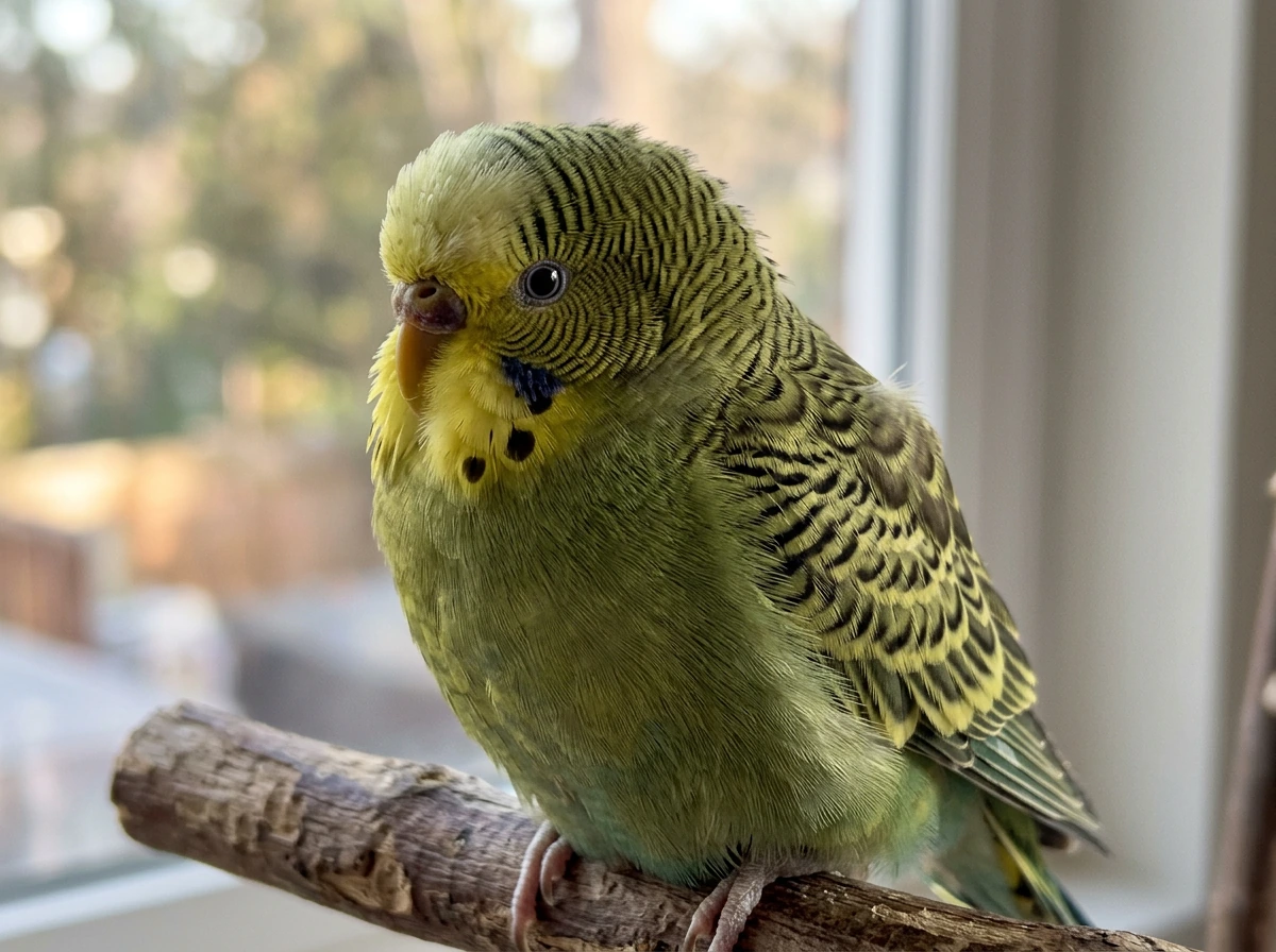 Bird’s puffed feathers forming a round, fluffed silhouette while keeping eyes open