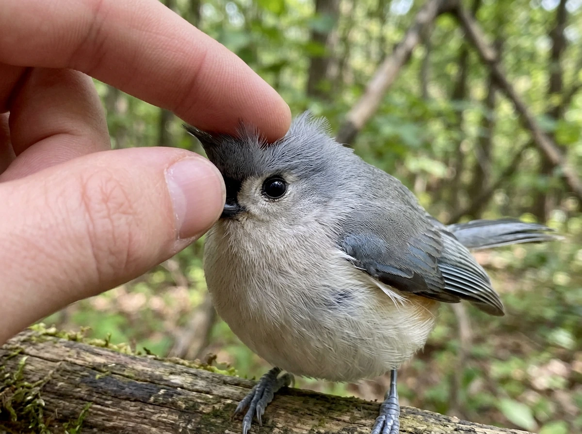 Bird fluffing while being gently petted on the head