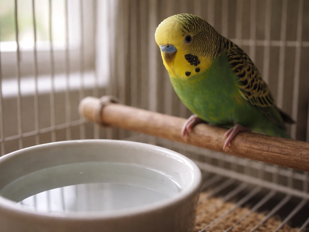 Close-up of a pet bird perched beside an untouched water dish in its cage.
