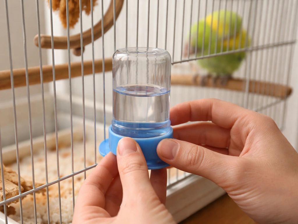 Caregiver gently inspects a small bird’s water bowl inside a simple birdcage setup.
