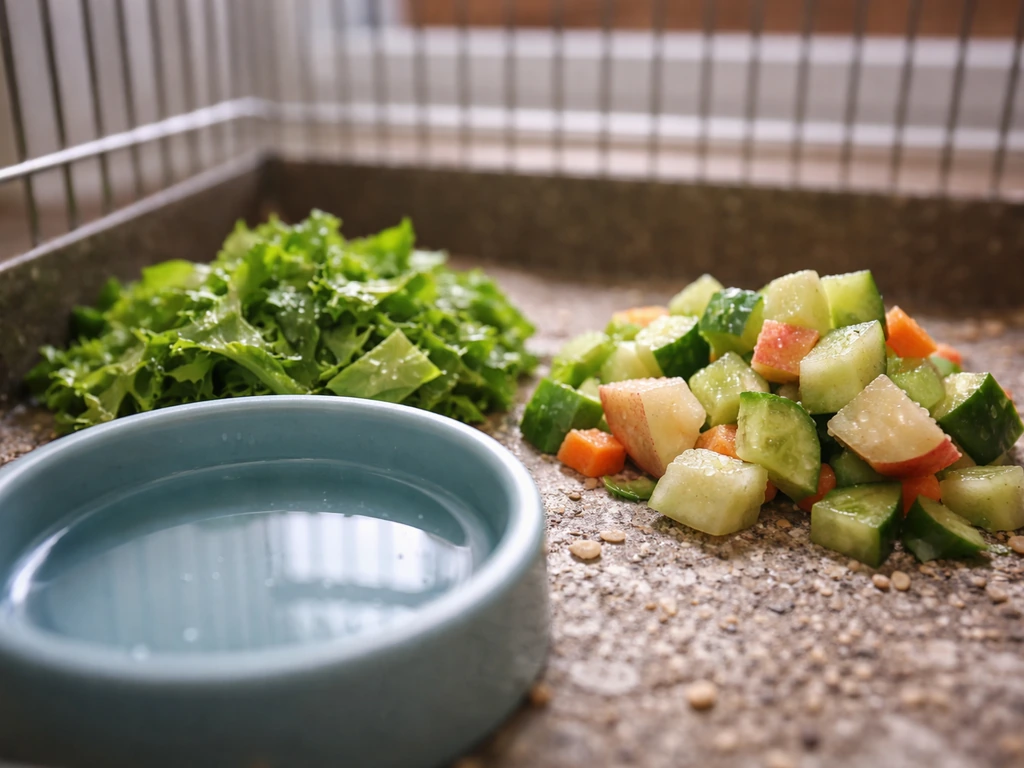 Fresh fruits and leafy greens beside a bird water dish, showing how wetter food reduces drinking.