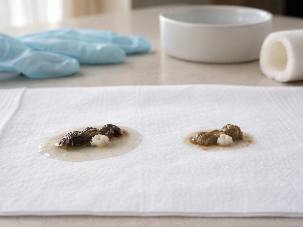 Close-up of an at-home pet-care setup on a clean surface showing normal vs dehydrated droppings samples