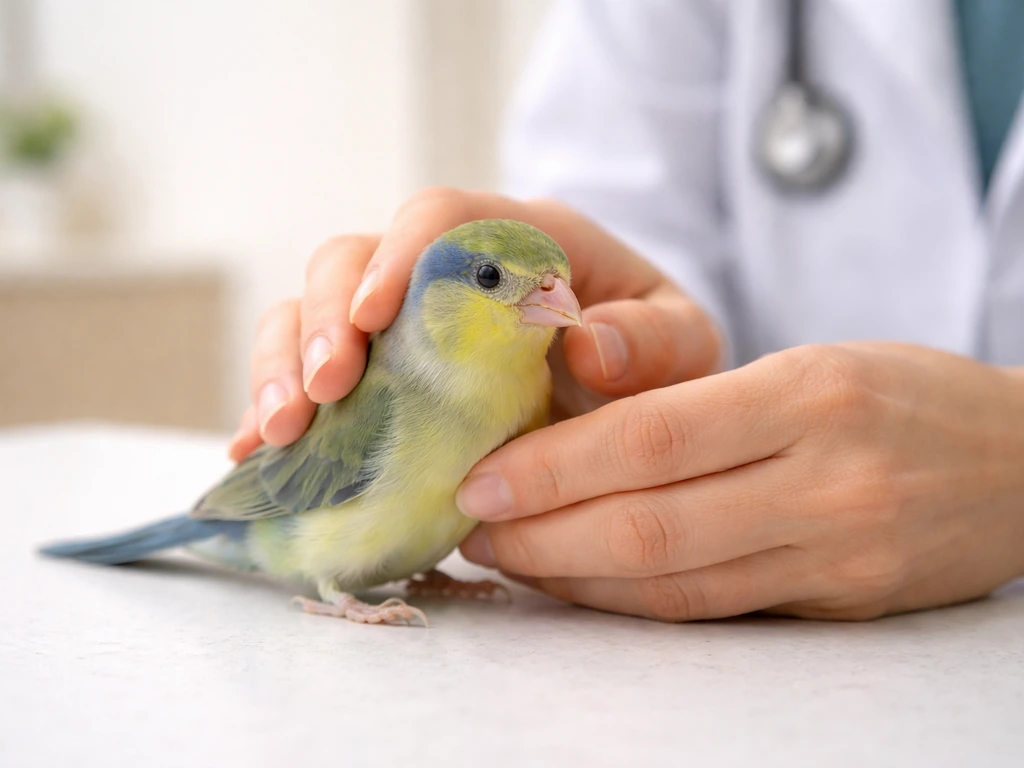 Clinician gently examining a small bird on a veterinary exam table under bright natural light.