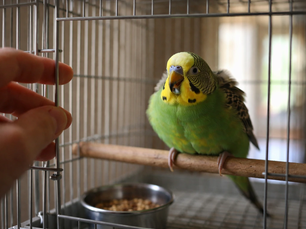 A small parrot in its cage hisses while a hand approaches near the door in bright indoor light.