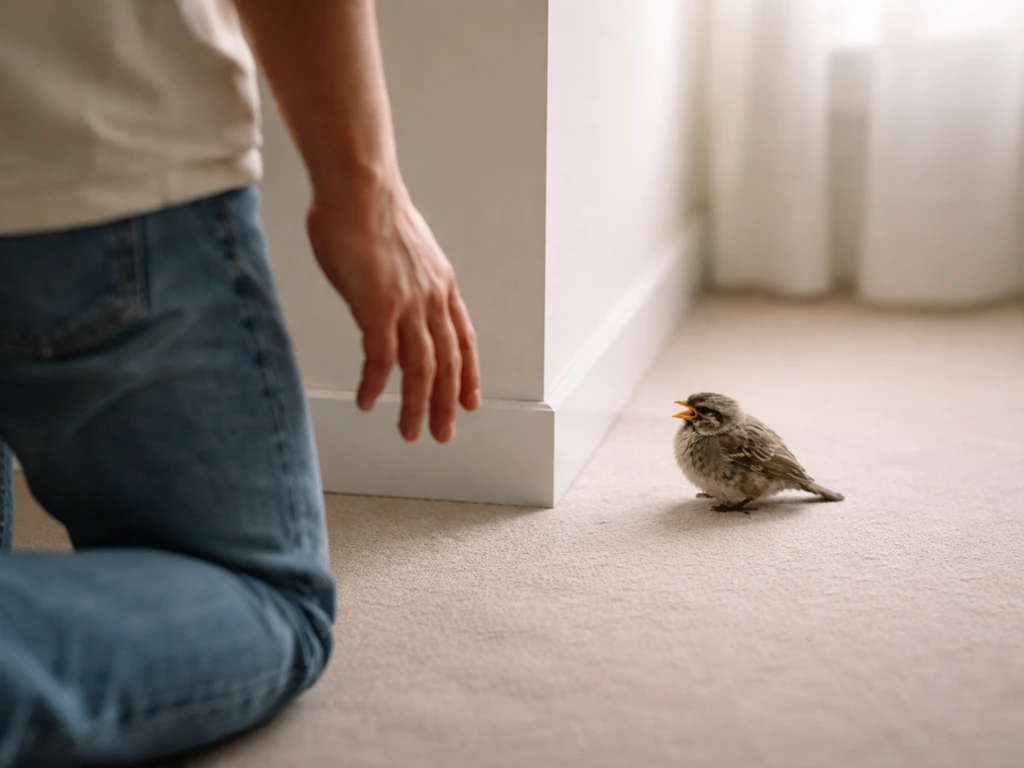 Person backing away with a lowered hand to give a hissing bird space on a quiet indoor floor.