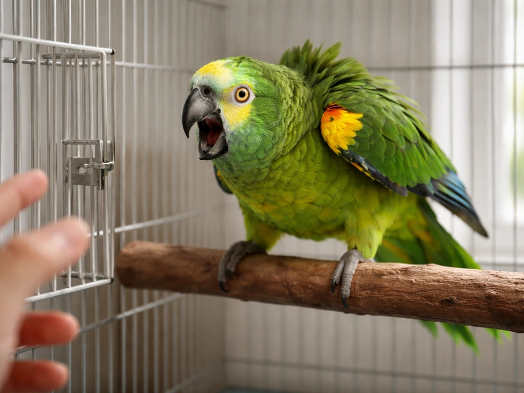 Pet parrot puffed up and hissing from a favored perch as an approaching hand nears the cage door.