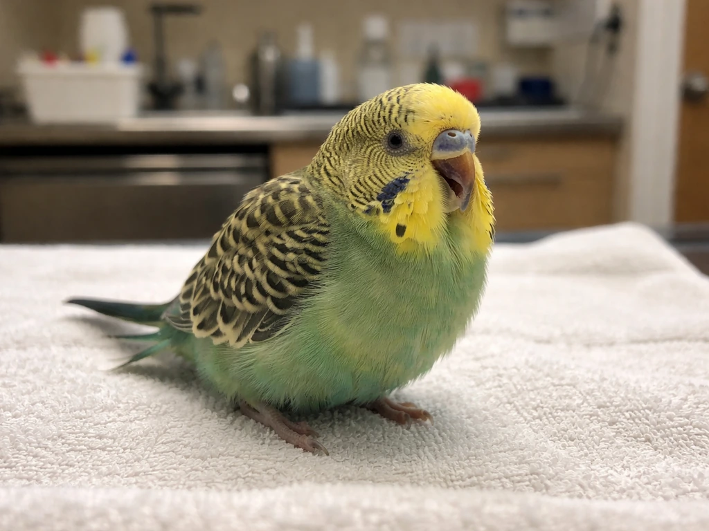 Small pet bird perched in a vet exam room, fluffed and hunched with open-mouth breathing.