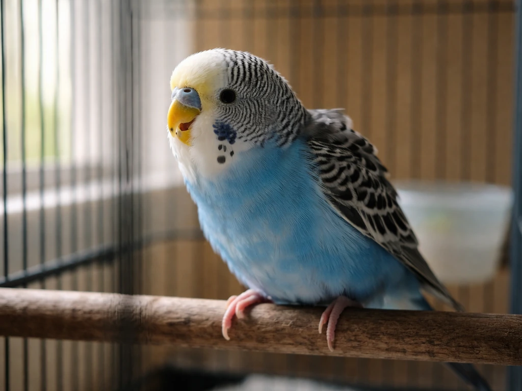 A parakeet in its cage shows distress with mouth slightly open and visible tail-bobbing breathing.