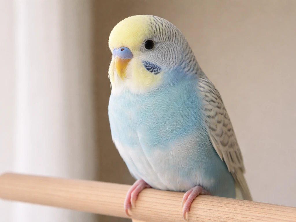 Calm budgie perched with mouth closed and smooth breathing, no tail bobbing at rest.