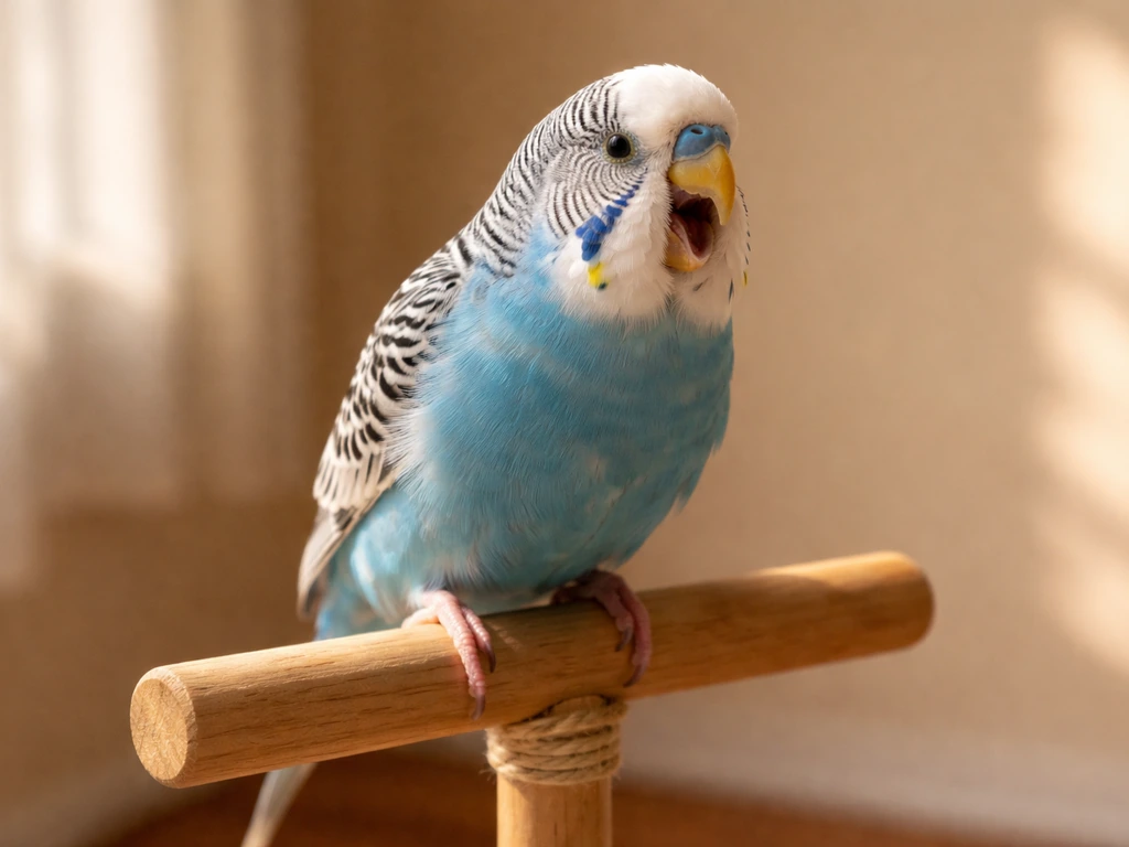 Small pet bird panting with beak slightly open, perched in a bright, warm room