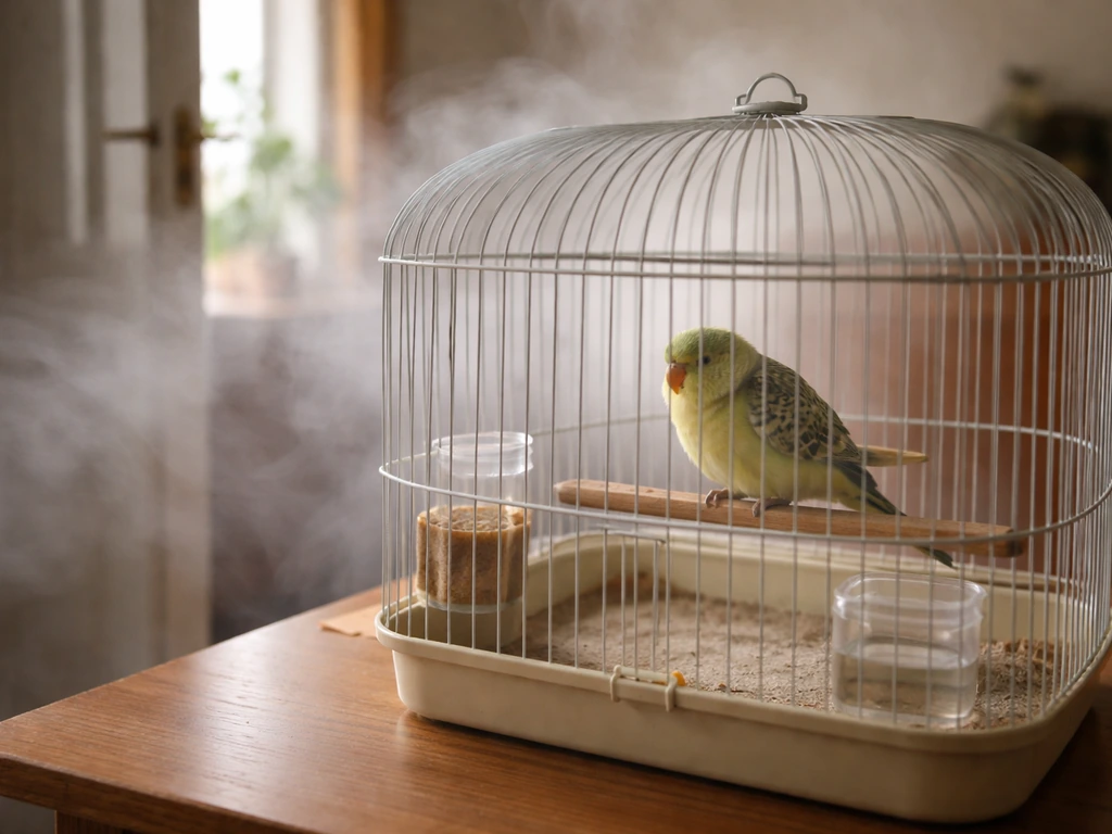 Small bird in a cage with smoky haze near it, suggesting harmful indoor air quality.