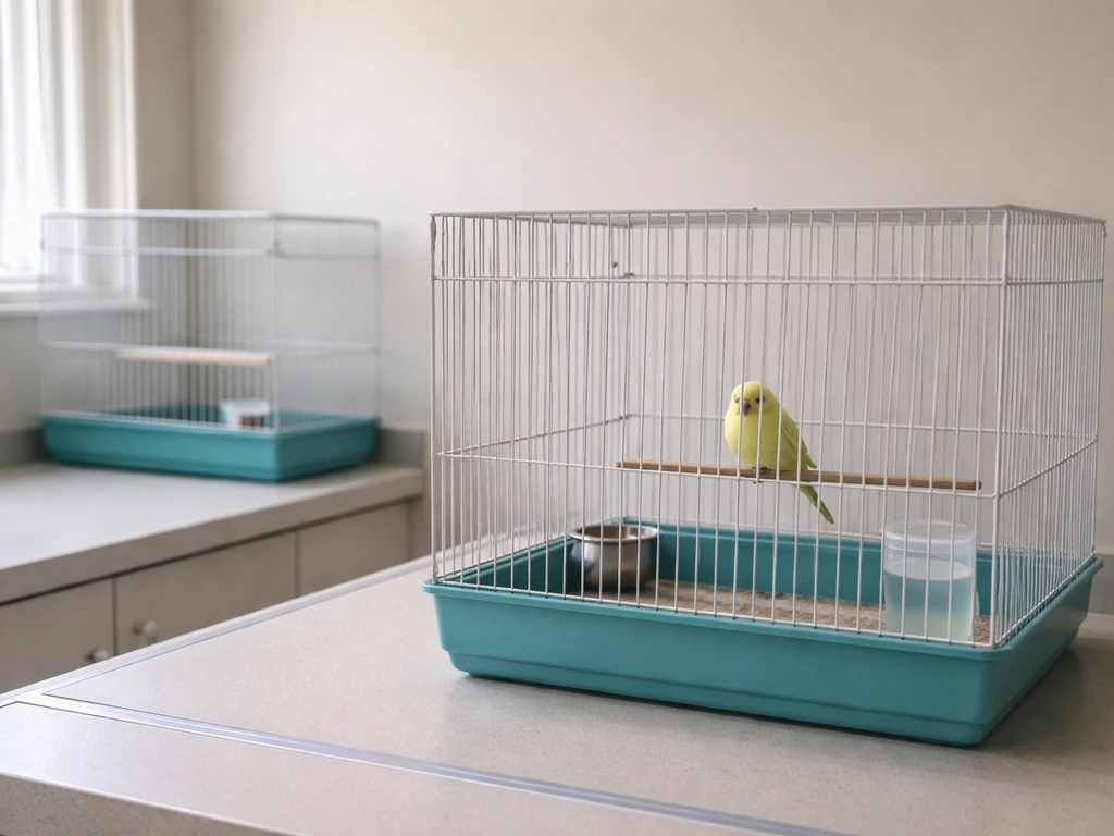 Quarantine setup with a single bird in a clean cage, separated from another unused cage in the background.