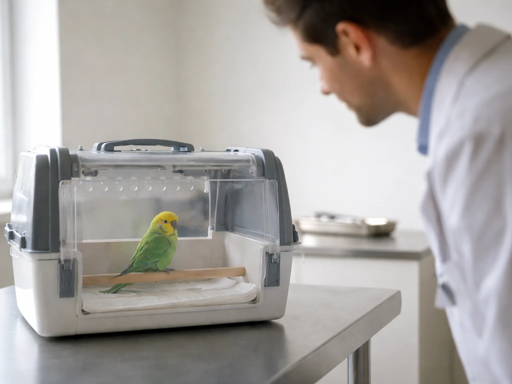 Avian vet clinician gently observing a small parakeet’s breathing before approaching for an exam