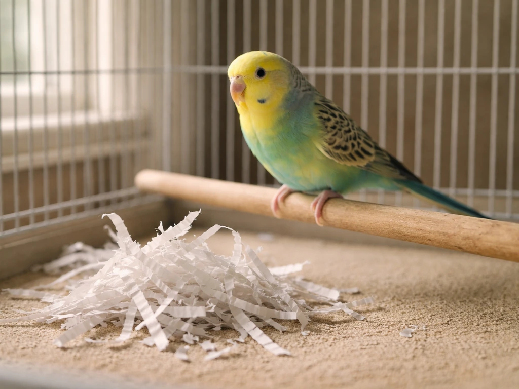 A small pet bird perched beside a partially shredded paper pile inside its cage