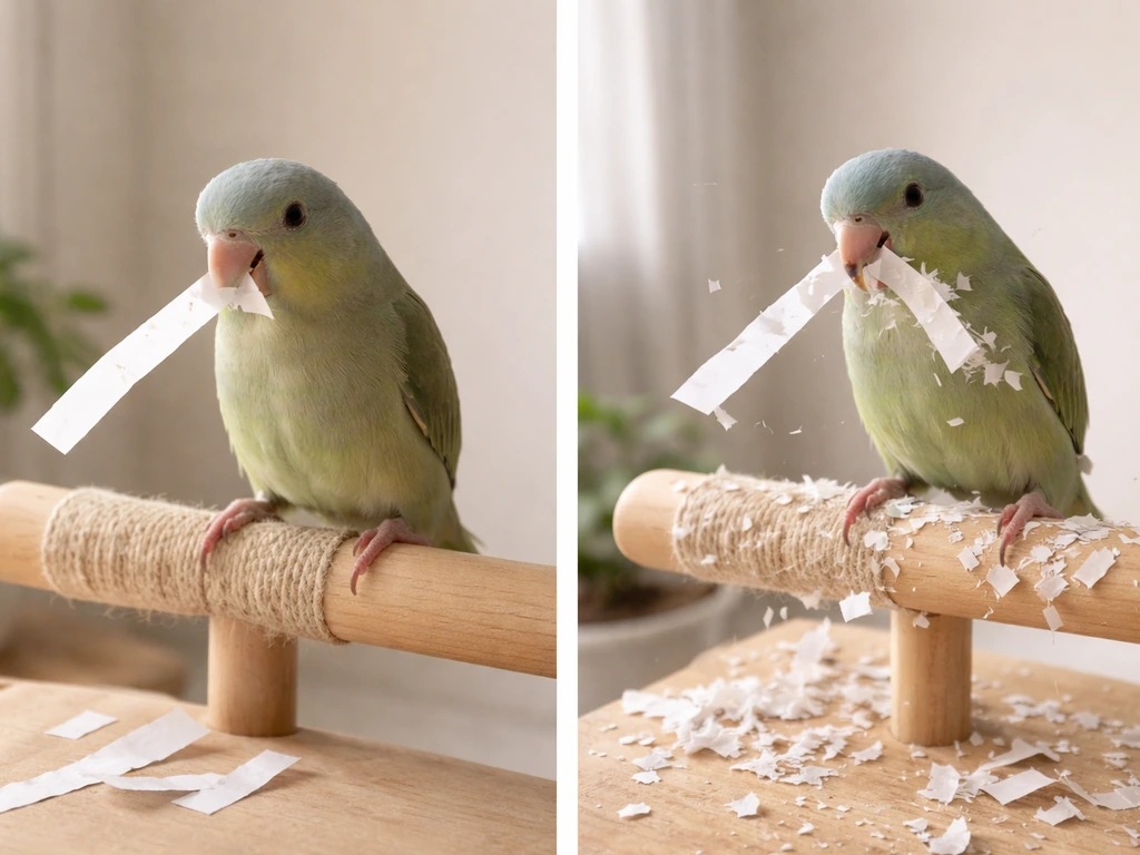 Split image of a bird calmly tearing paper versus repeatedly compulsively shredding paper strips.