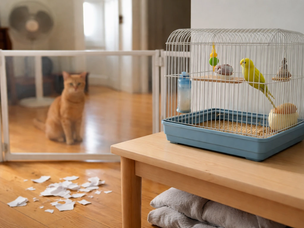 A pet cat behind a barrier near a bird cage with shredded paper on the floor, suggesting stress fear.