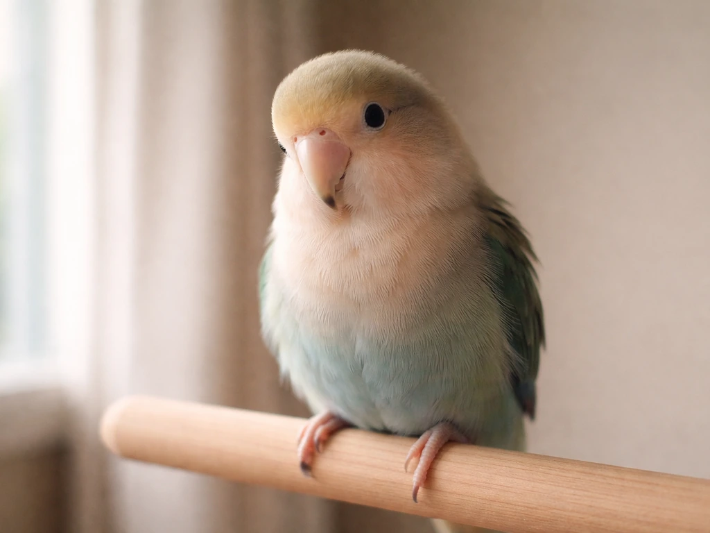 Small pet parrot perched indoors, alert but worried expression, natural light.