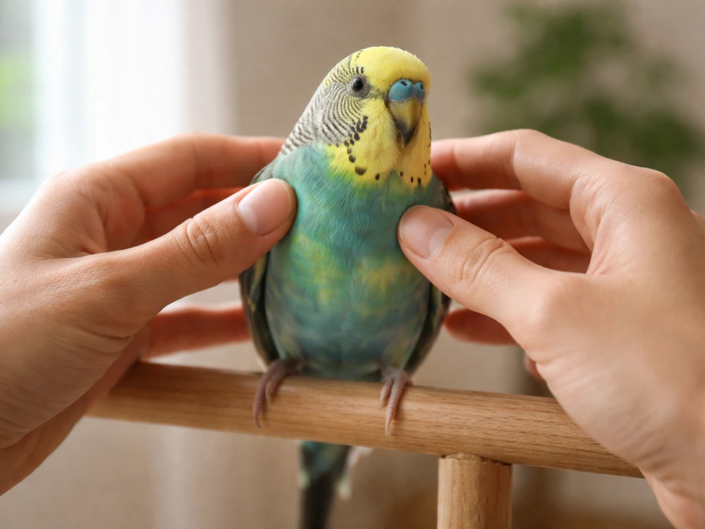 Caregiver gently inspecting a pet bird on a perch for breathing red flags in a quiet room.