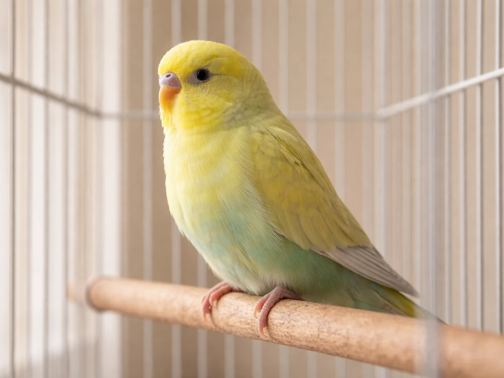 Side view of a pet bird at rest showing subtle chest and tail movement from breathing.