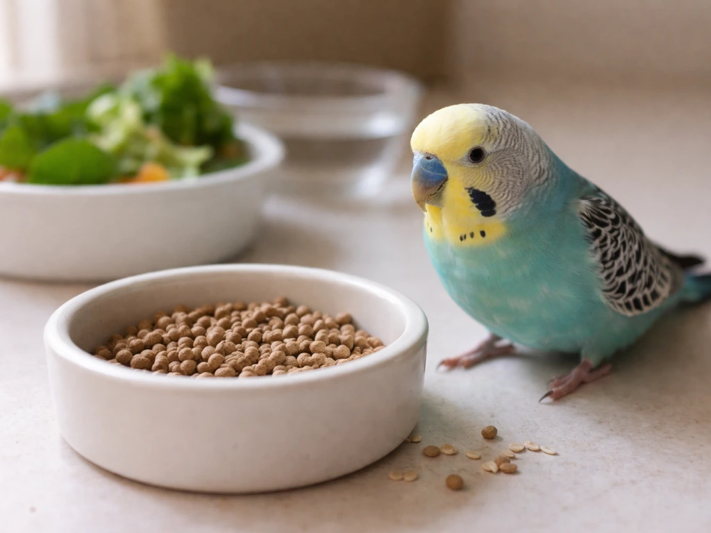 Small pet bird near pellet/seed dish with fresh food and water nearby, seed hulls visible.