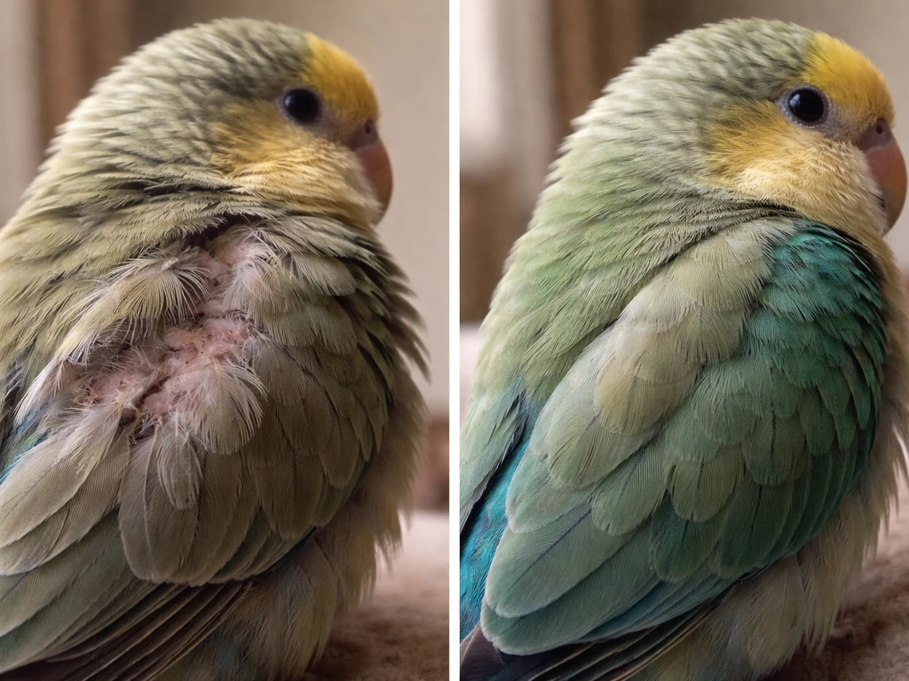 Close-up of a pet bird’s fluffed feathers at rest beside smoother healthy feathers for comparison
