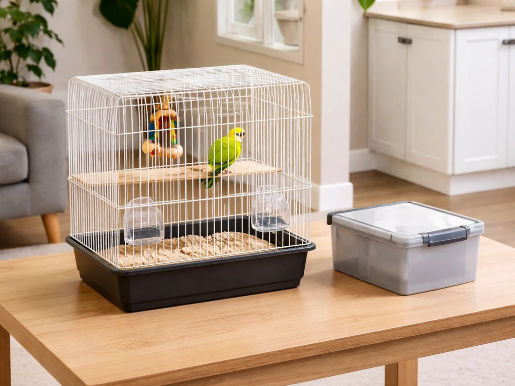 Small bird cage on a table with a clear, hazard-free area around it after items are moved away.