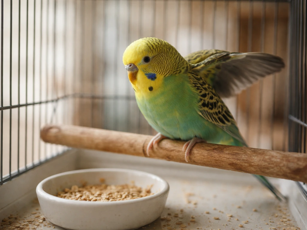 Budgerigar in a calm cage settling after brief energetic wing flapping.