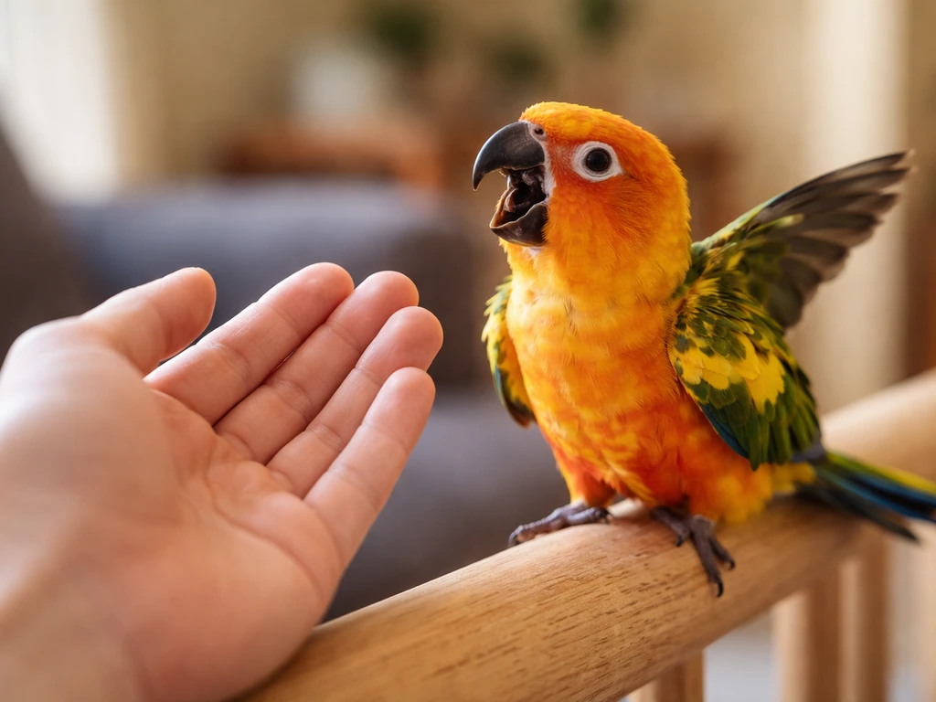 Small colorful bird perched beside a person’s outstretched hand, wings flapping as if calling for attention.