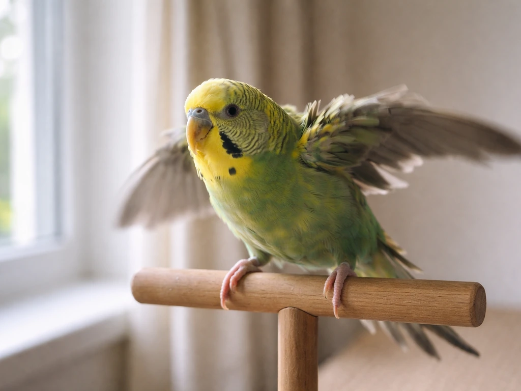 A small pet bird startled near a window, body tensed and wings slightly spread in fear.