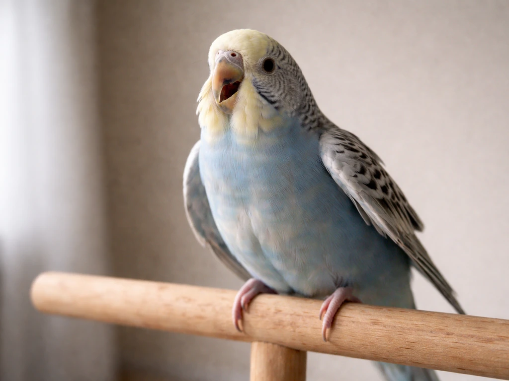 Small bird perched with open-mouth breathing and slightly puffed chest, showing respiratory distress.